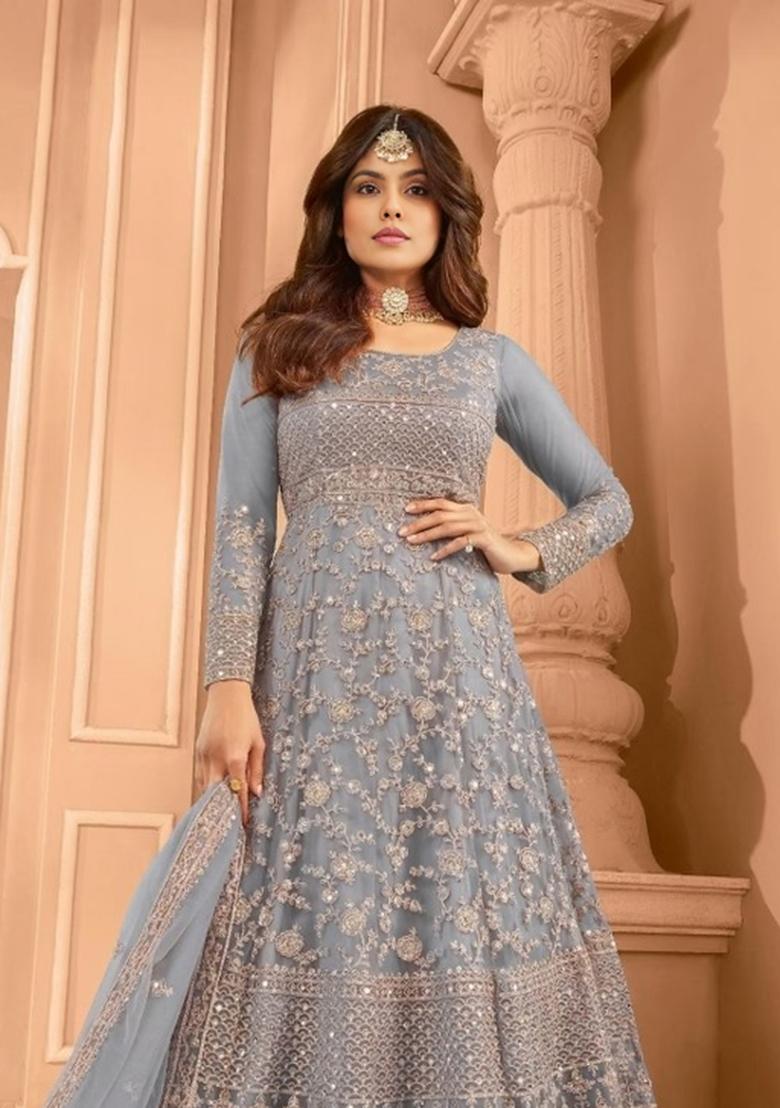 Blue Embroidered Net Kurta Set - Indya