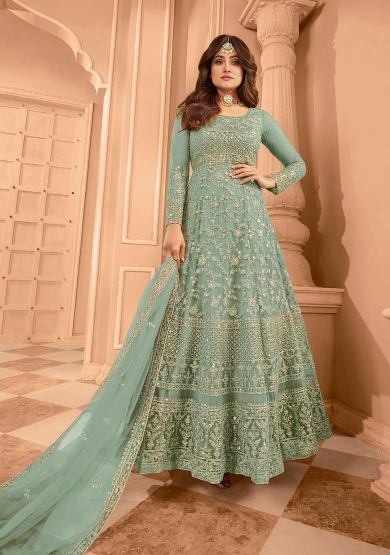 Green Embroidered Net Kurta Set - Indya