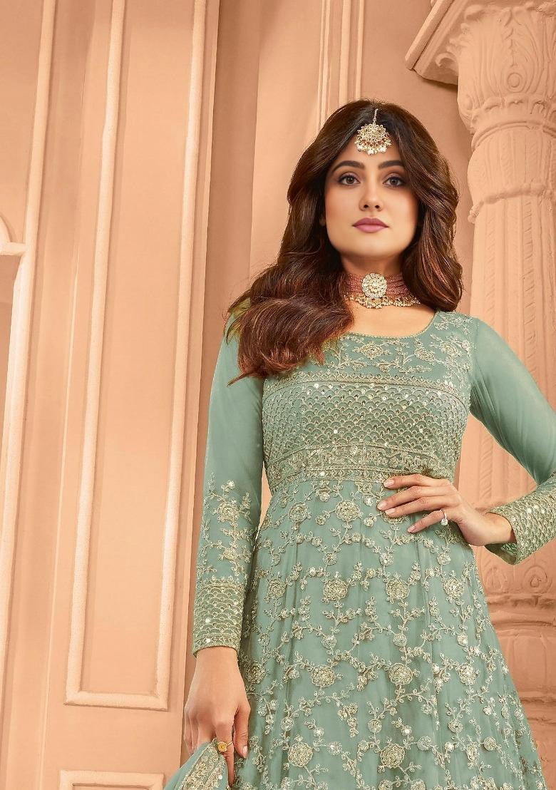 Green Embroidered Net Kurta Set - Indya