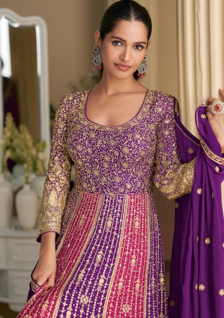 Purple Embroidered Georgette Kurta With Dupatta - Indya