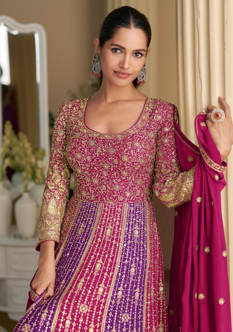 Purple Embroidered Georgette Kurta With Dupatta - Indya