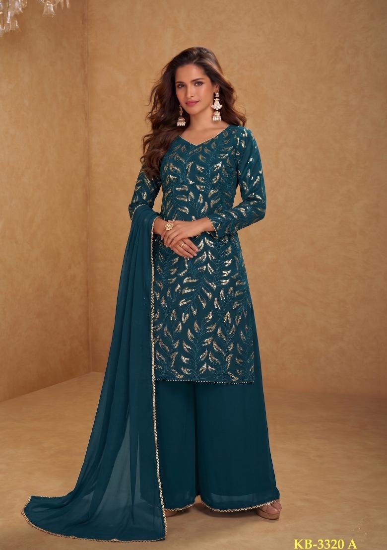 Dark Green Embroidered Georgette Salwar Kameez - Indya