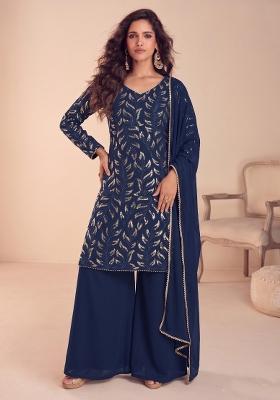 Navy Blue Embroidered Georgette Salwar Kameez