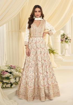Beige Embroidered Georgette Anarkali With Dupatta