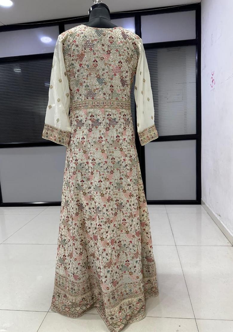 Beige Embroidered Georgette Anarkali With Dupatta - Indya
