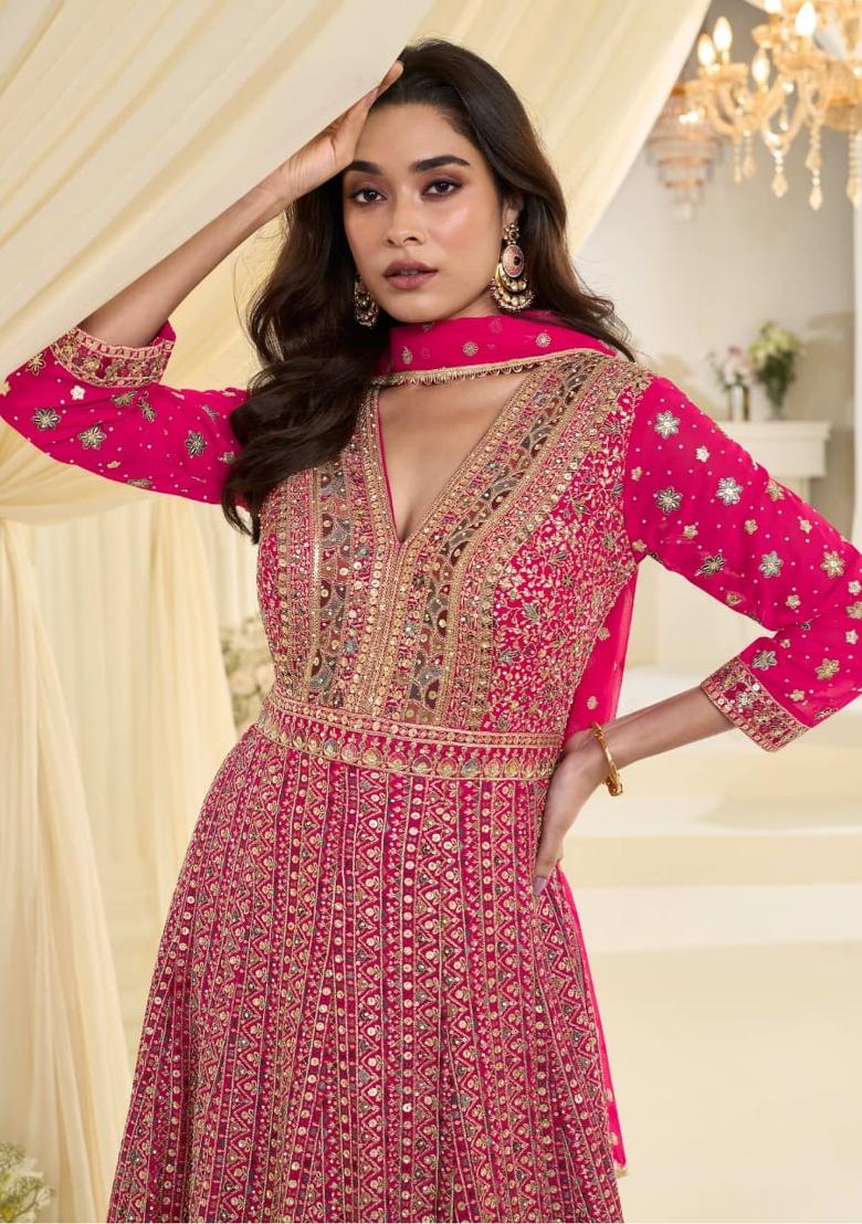 Magenta Embroidered Georgette Anarkali With Dupatta - Indya
