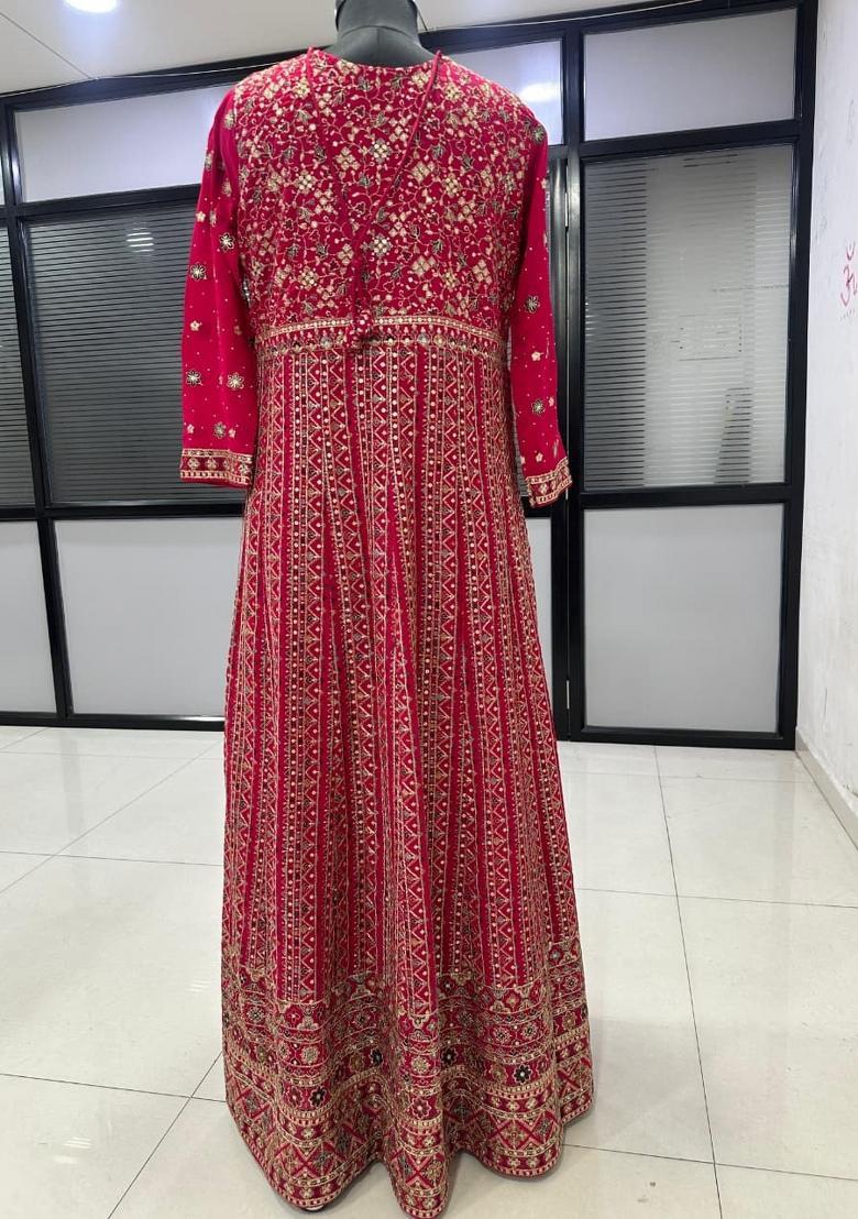 Magenta Embroidered Georgette Anarkali With Dupatta - Indya