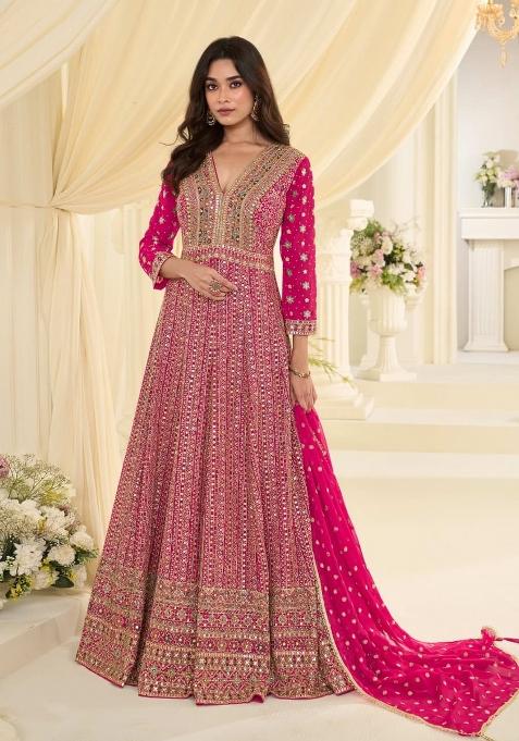 Magenta Embroidered Georgette Anarkali With Dupatta