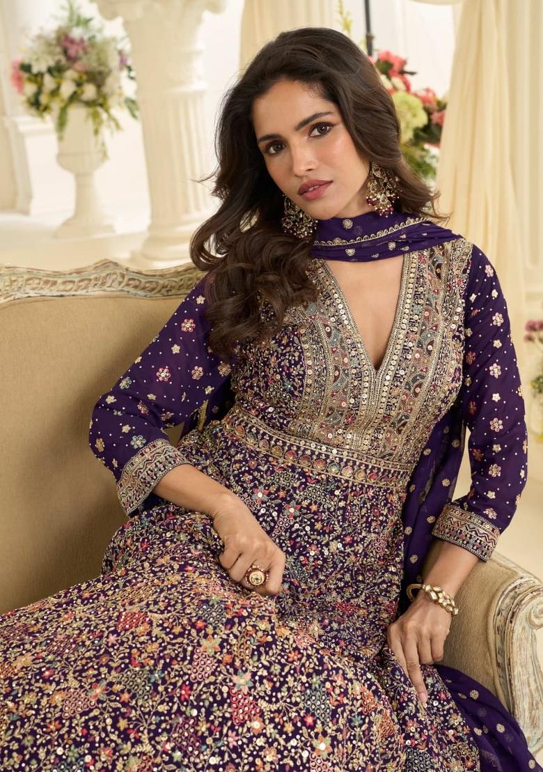 Violet Embroidered Georgette Anarkali With Dupatta - Indya