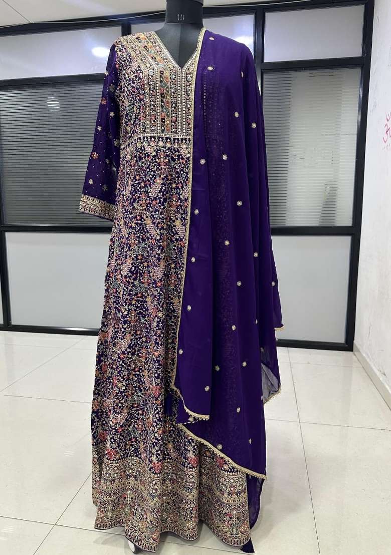 Violet Embroidered Georgette Anarkali With Dupatta - Indya
