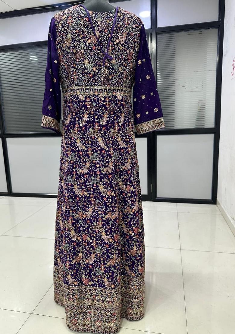 Violet Embroidered Georgette Anarkali With Dupatta - Indya