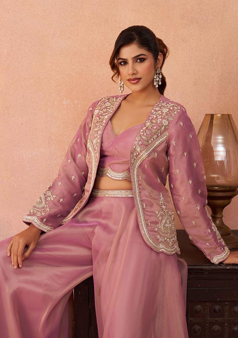 Pink Embroidered Tissue Salwar Kameez - Indya