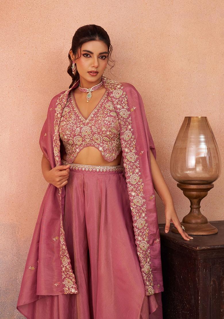 Pink Embroidered Crepe Salwar Kameez - Indya