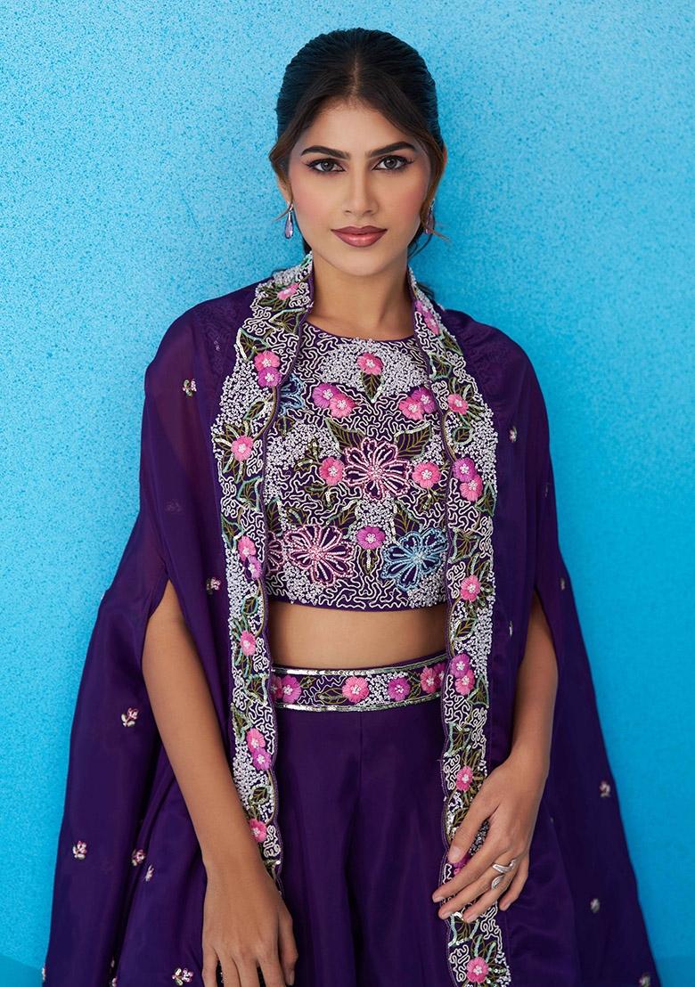 Purple Embroidered Crepe Salwar Kameez - Indya