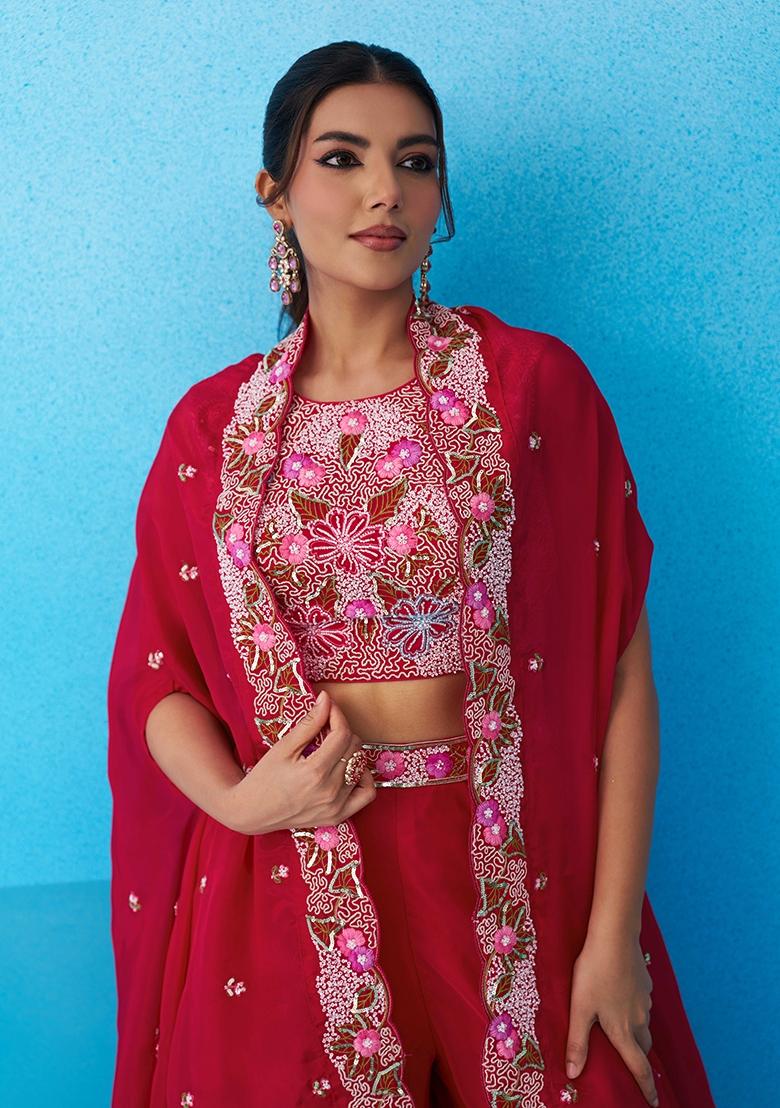 Red Embroidered Crepe Salwar Kameez - Indya