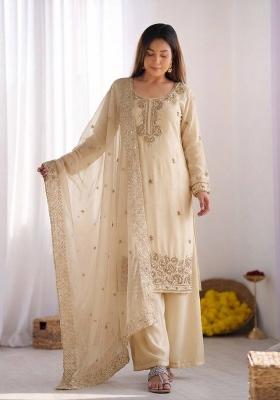 Cream Embroidered Silk Blend Kurta Set