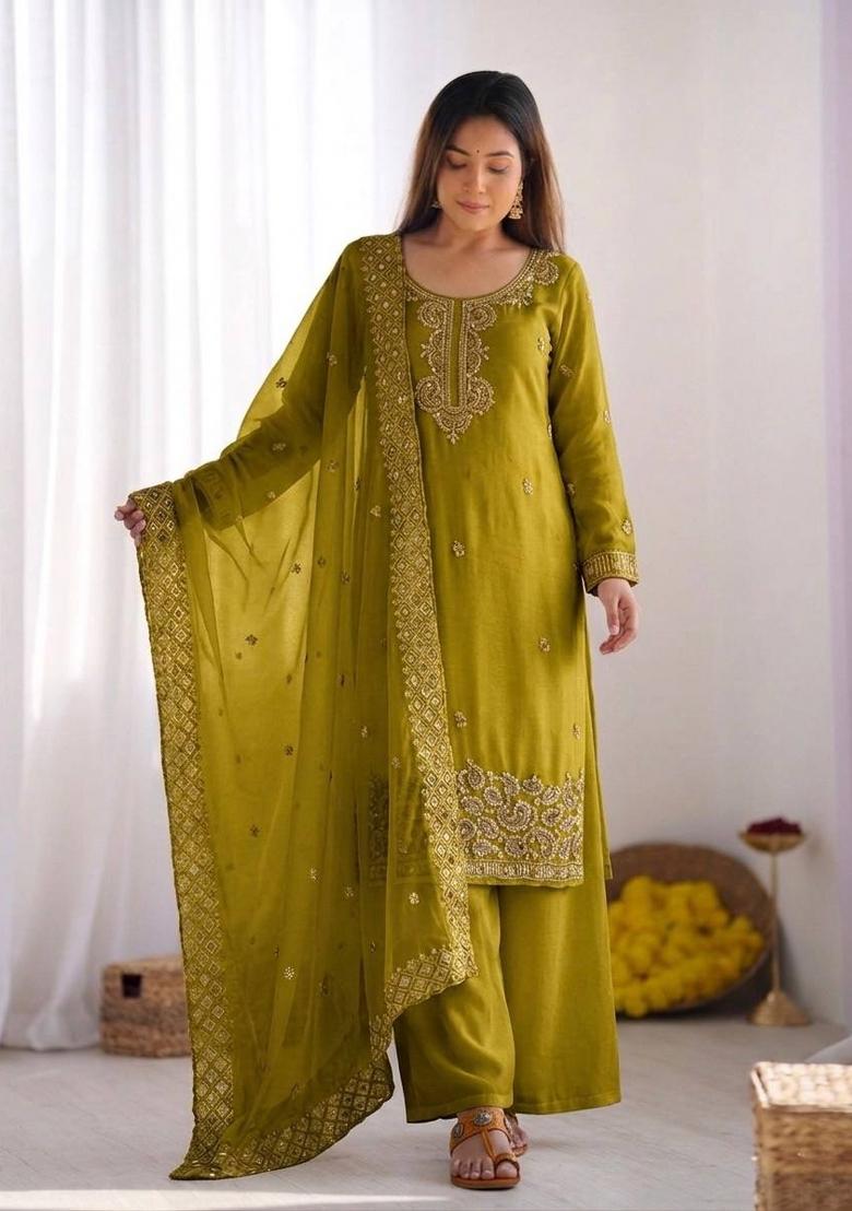 Olive Embroidered Silk Blend Kurta Set - Indya