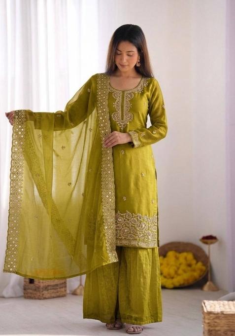 Olive Embroidered Silk Blend Kurta Set