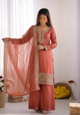 Peach Embroidered Silk Blend Kurta Set
