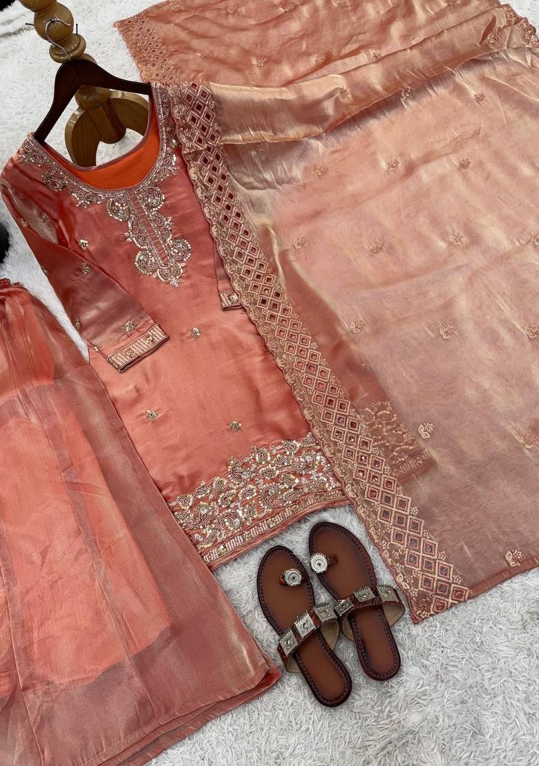 Peach Embroidered Silk Blend Kurta Set - Indya