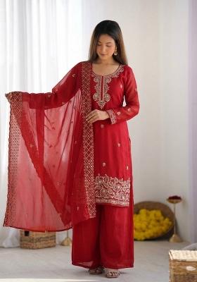 Red Embroidered Silk Blend Kurta Set