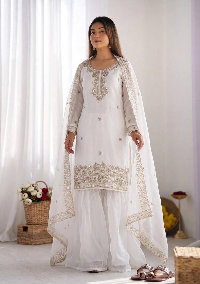 White Embroidered Silk Blend Kurta Set - Indya