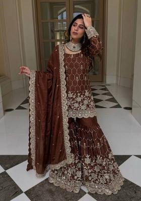 Brown Embroidered Silk Blend Kurta Set