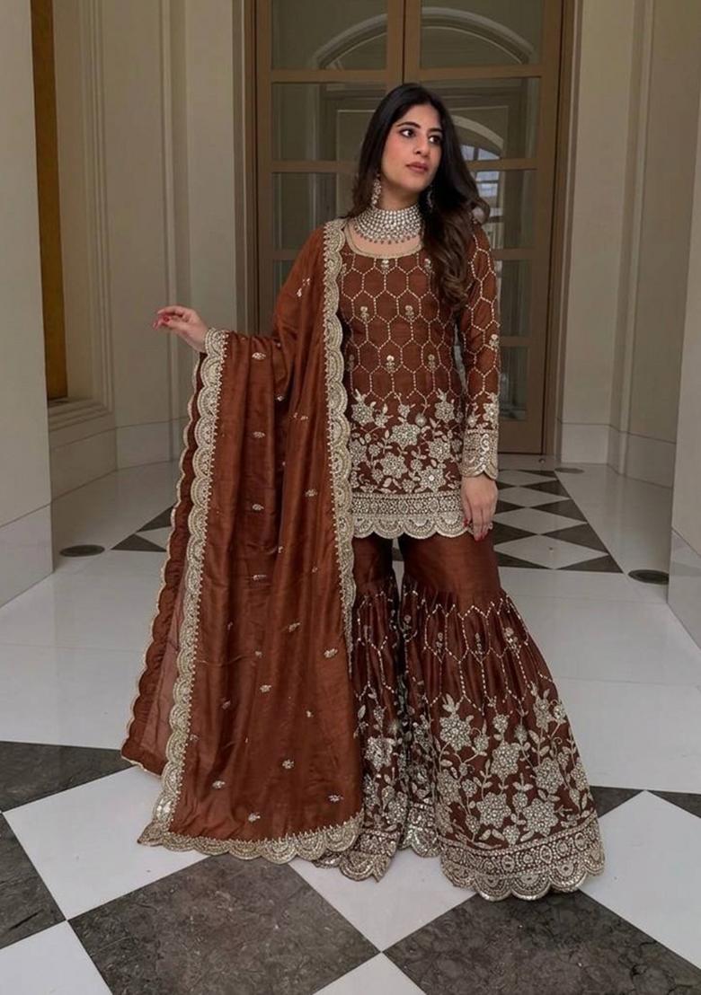 Brown Embroidered Silk Blend Kurta Set - Indya