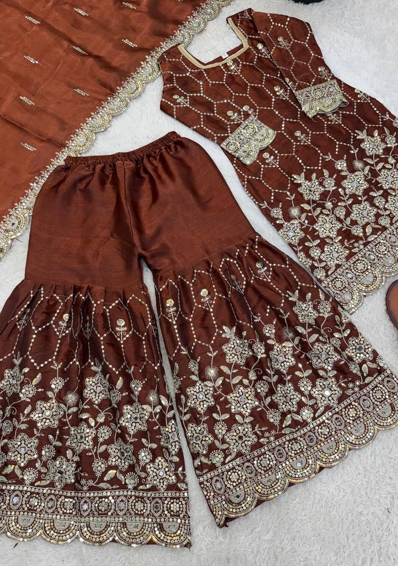 Brown Embroidered Silk Blend Kurta Set - Indya