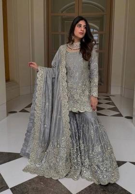 Grey Embroidered Silk Blend Kurta Set