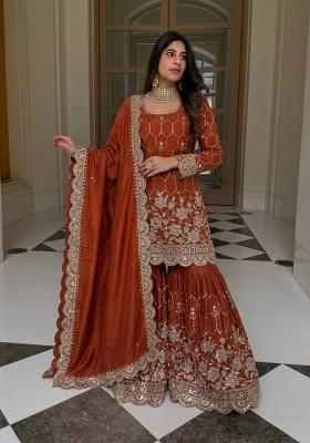 Orange Embroidered Silk Blend Kurta Set