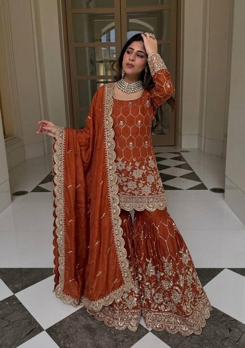 Orange Embroidered Silk Blend Kurta Set - Indya