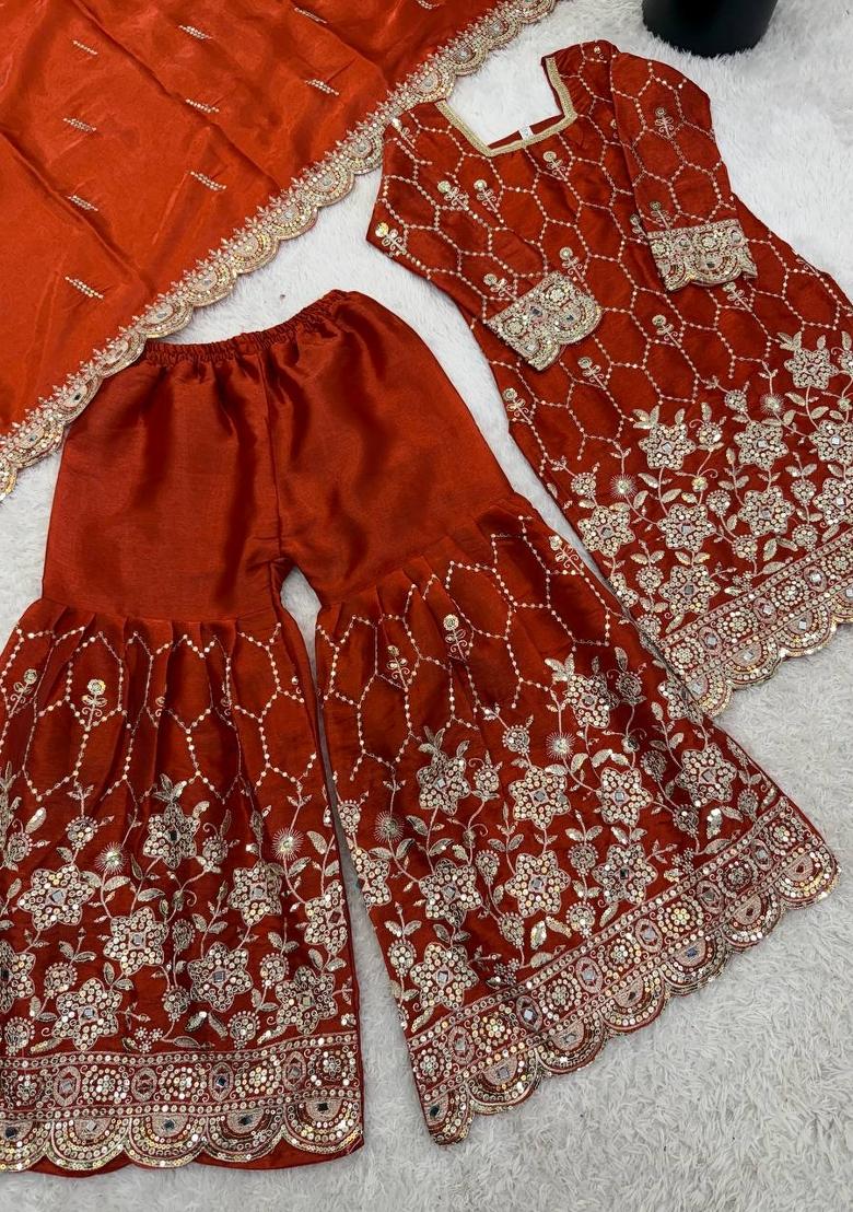 Orange Embroidered Silk Blend Kurta Set - Indya
