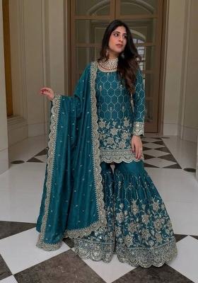 Teal Embroidered Silk Blend Kurta Set