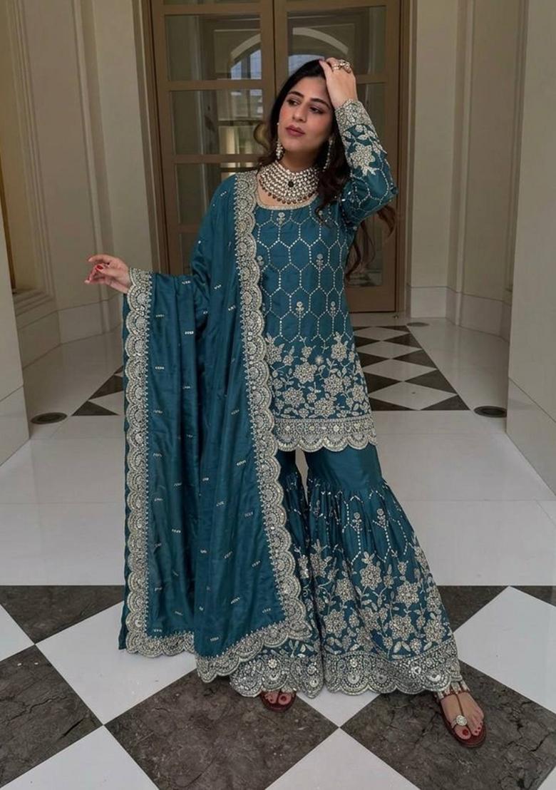 Teal Embroidered Silk Blend Kurta Set - Indya