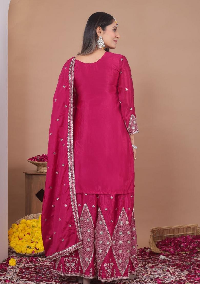 Rani Pink Embroidered Silk Blend Kurta Set - Indya