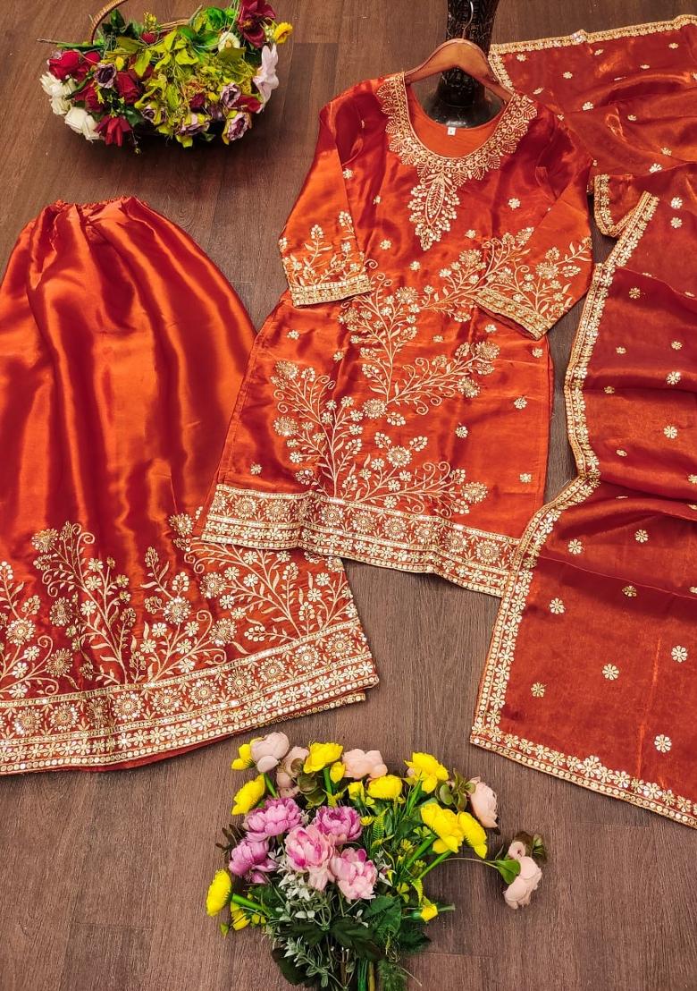 Orange Embroidered Silk Blend Kurta Set - Indya