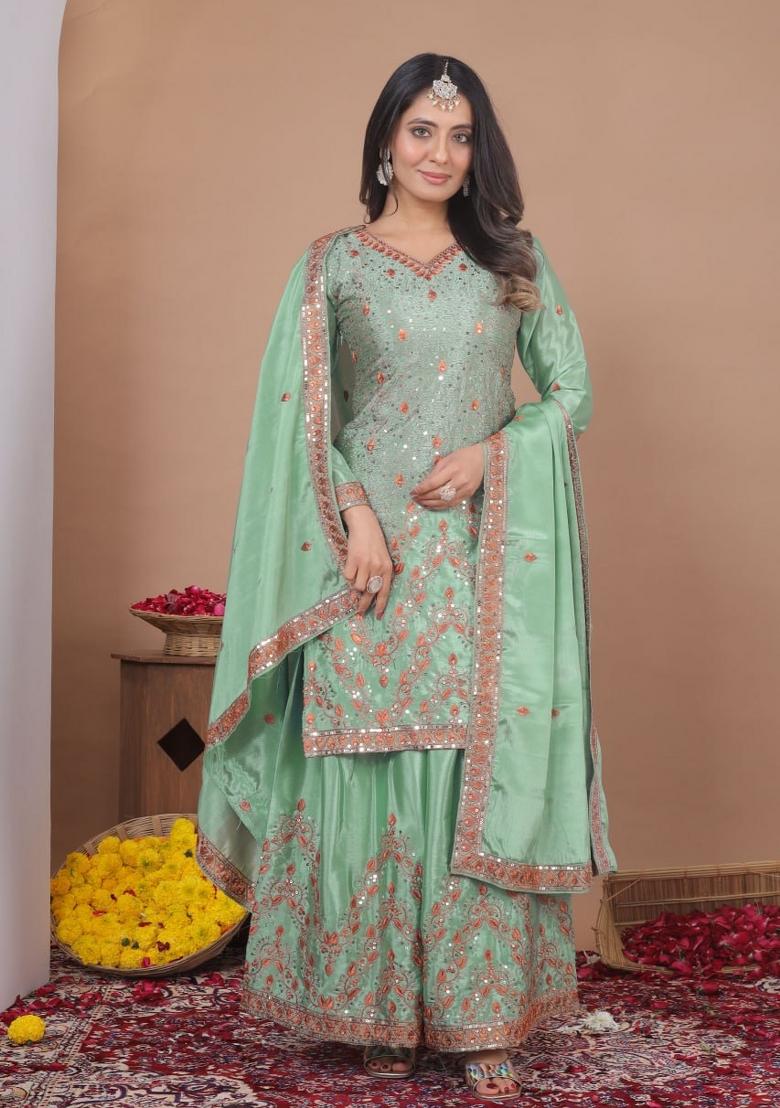 Light Green Embroidered Silk Blend Kurta Set - Indya