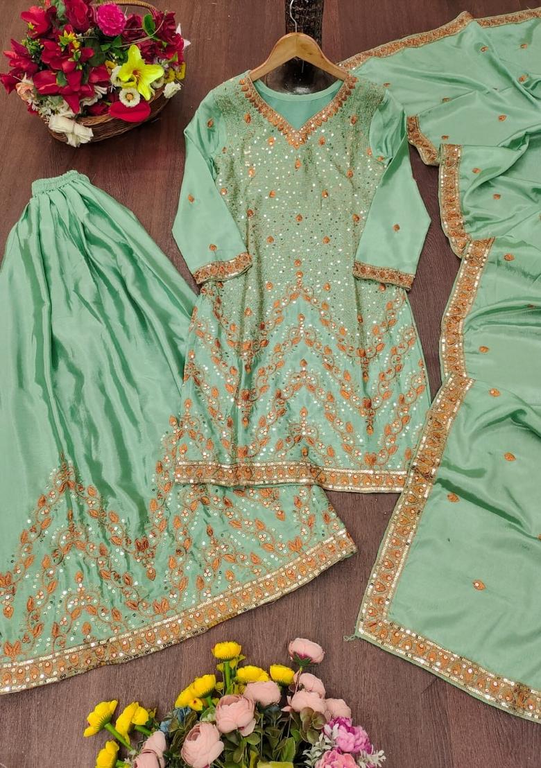 Light Green Embroidered Silk Blend Kurta Set - Indya
