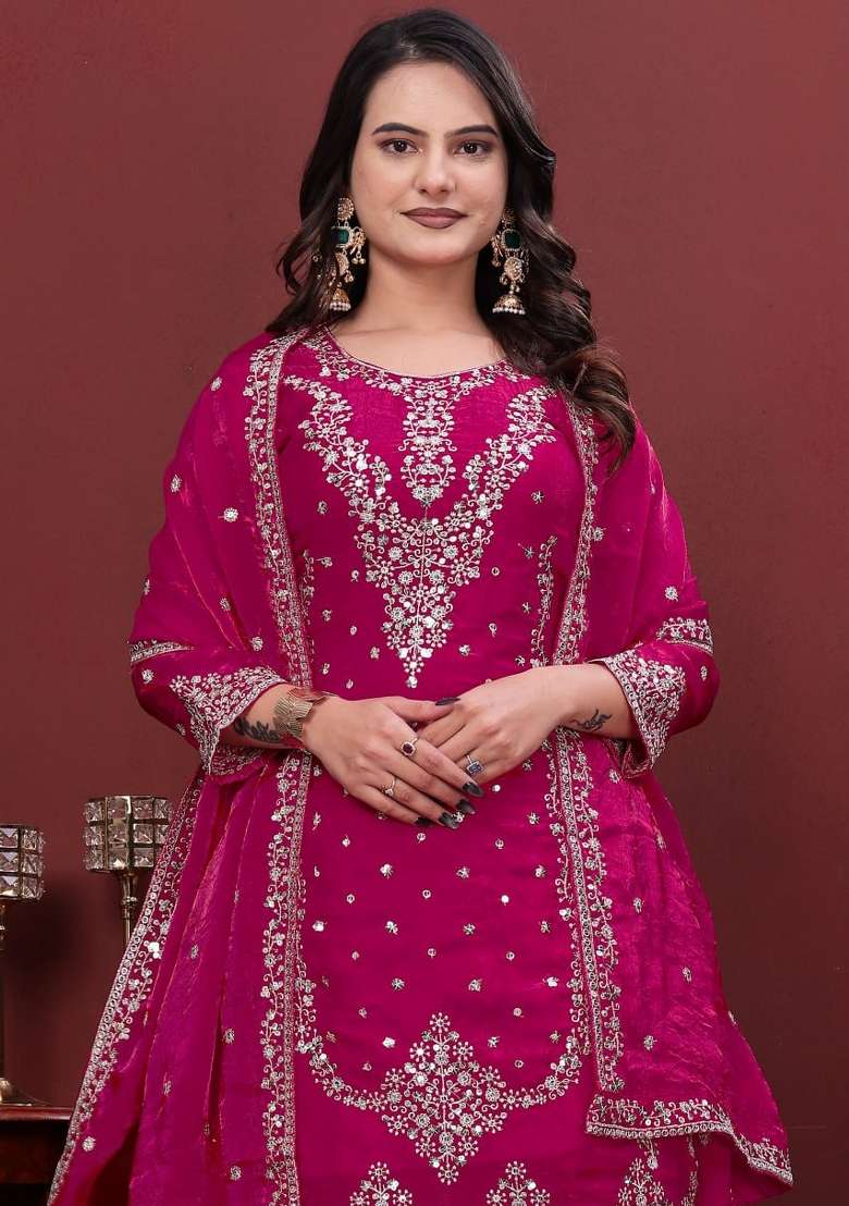 Rani Pink Embroidered Silk Blend Kurta Set - Indya