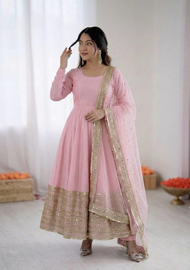 Baby Pink Embroidered Silk Blend Kurta Set - Indya
