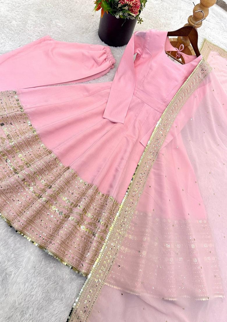 Baby Pink Embroidered Silk Blend Kurta Set - Indya