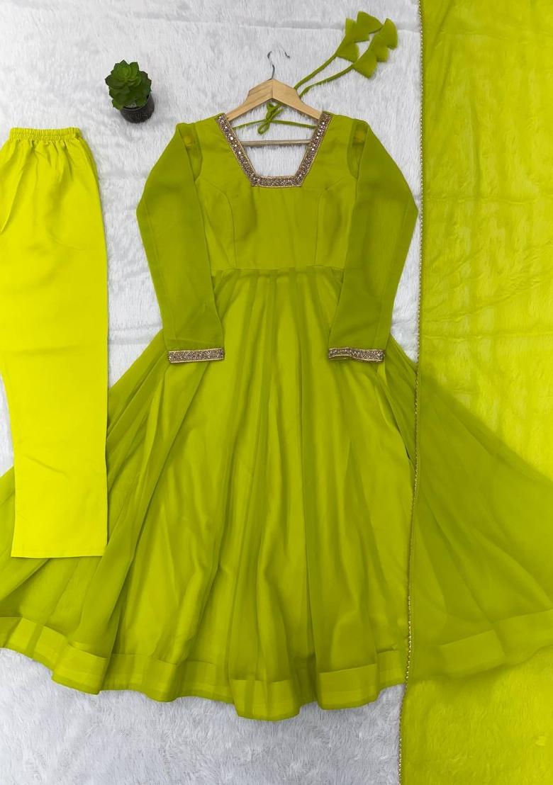Parrot Green Plain Georgette Kurta Set - Indya