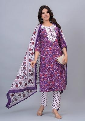 Purple Printed Cotton Kurta Set
