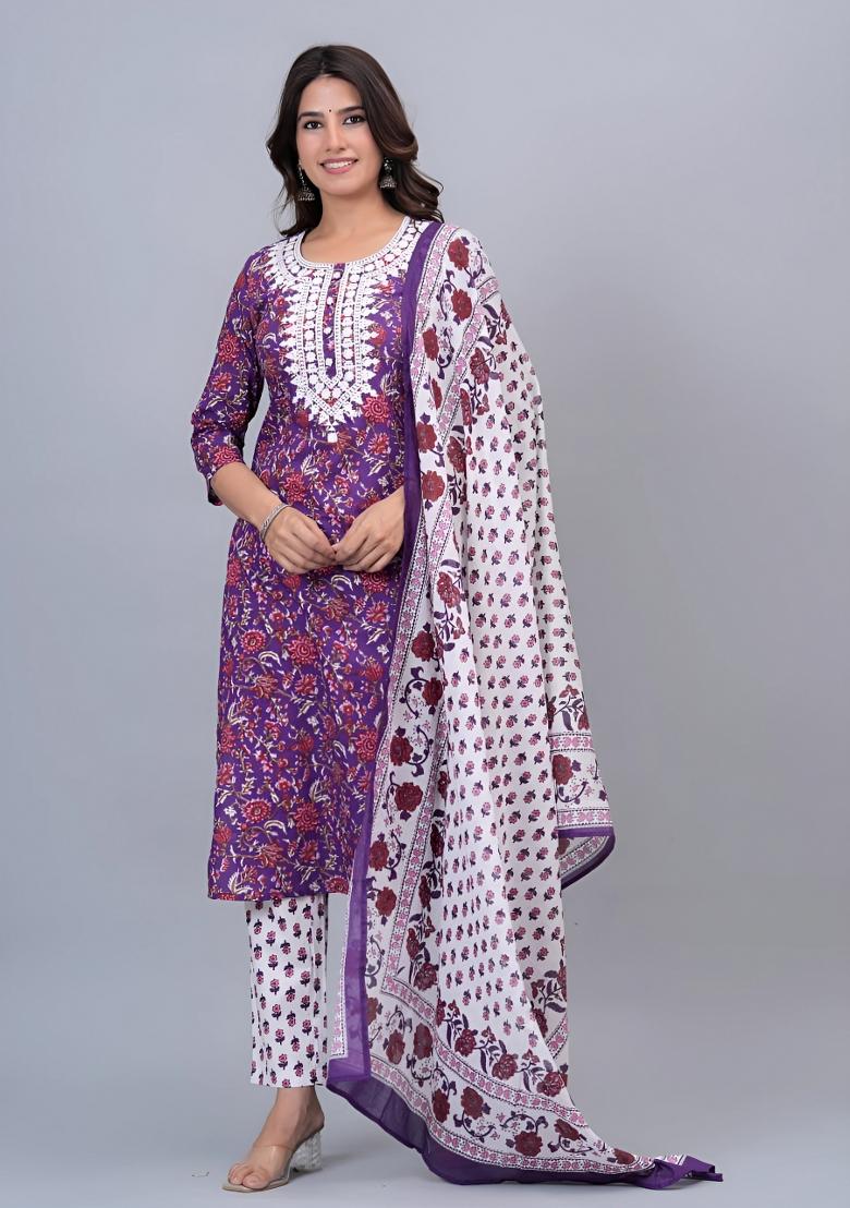 Purple Printed Cotton Kurta Set - Indya