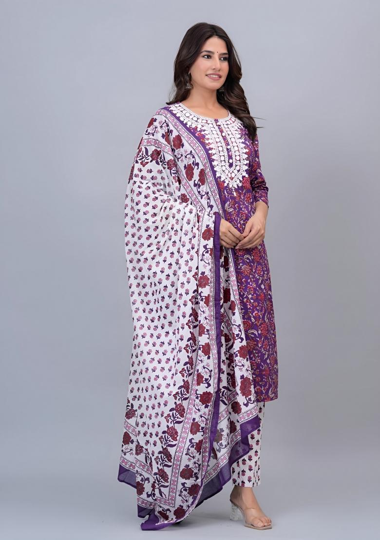 Purple Printed Cotton Kurta Set - Indya