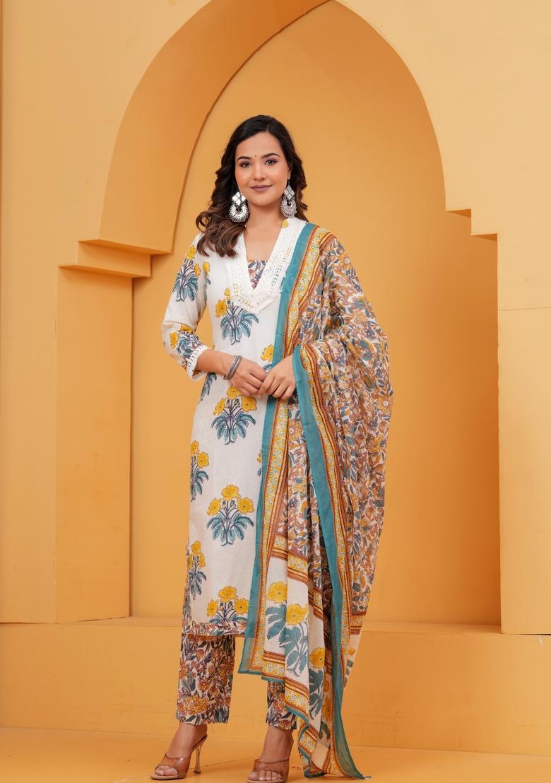Blue Printed Cotton Kurta Set - Indya