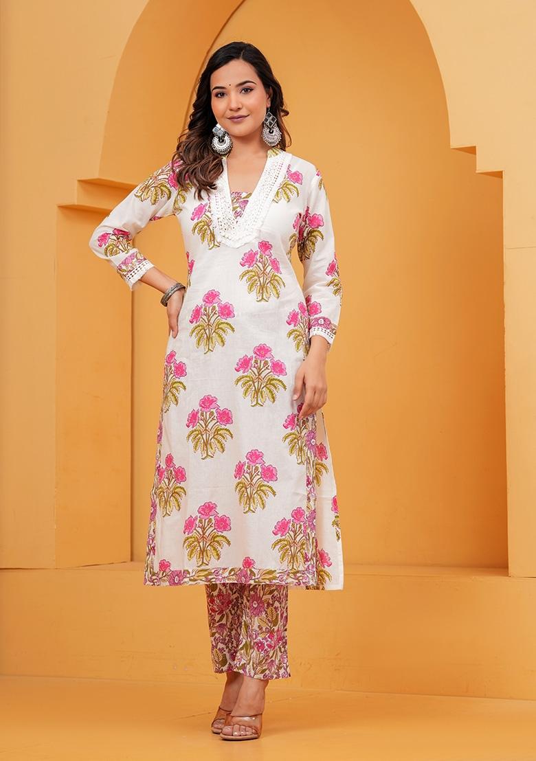 Pink Printed Cotton Kurta Set - Indya