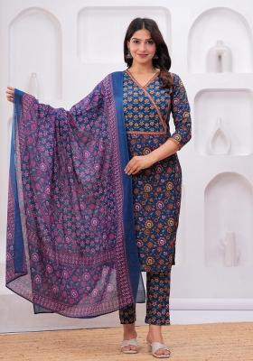 Blue Printed Cotton Kurta Set