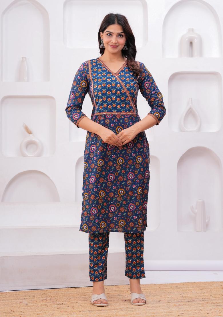 Blue Printed Cotton Kurta Set - Indya